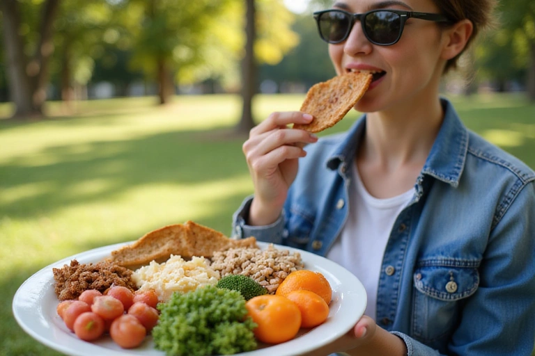 A person enjoying a balanced, colorful meal outdoors, reflecting the positive outcomes of good nutrition.